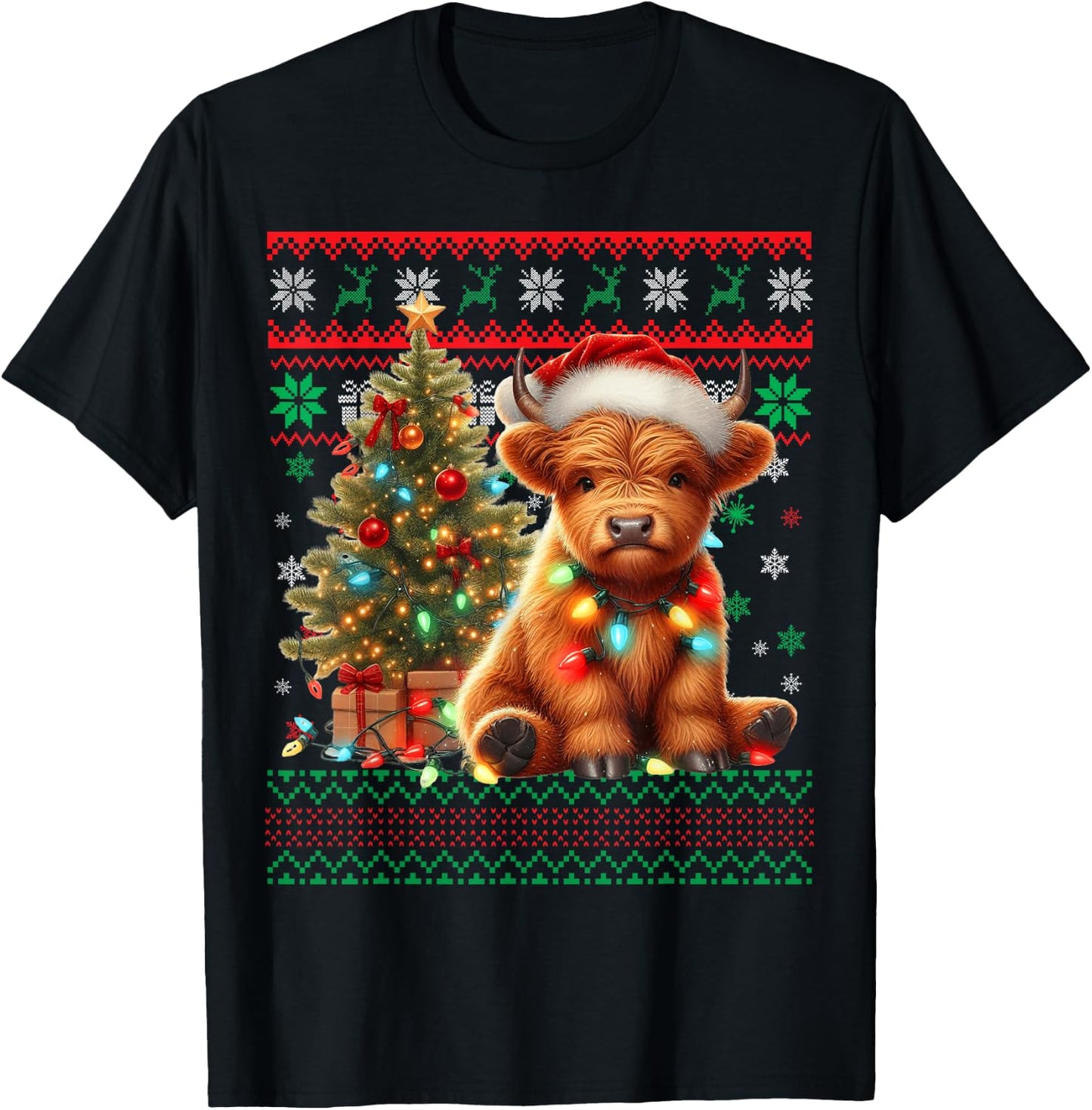 Scottish Highland Cow Christmas Funny Cow Lover Xmas T-Shirt - T-Shirt | Black