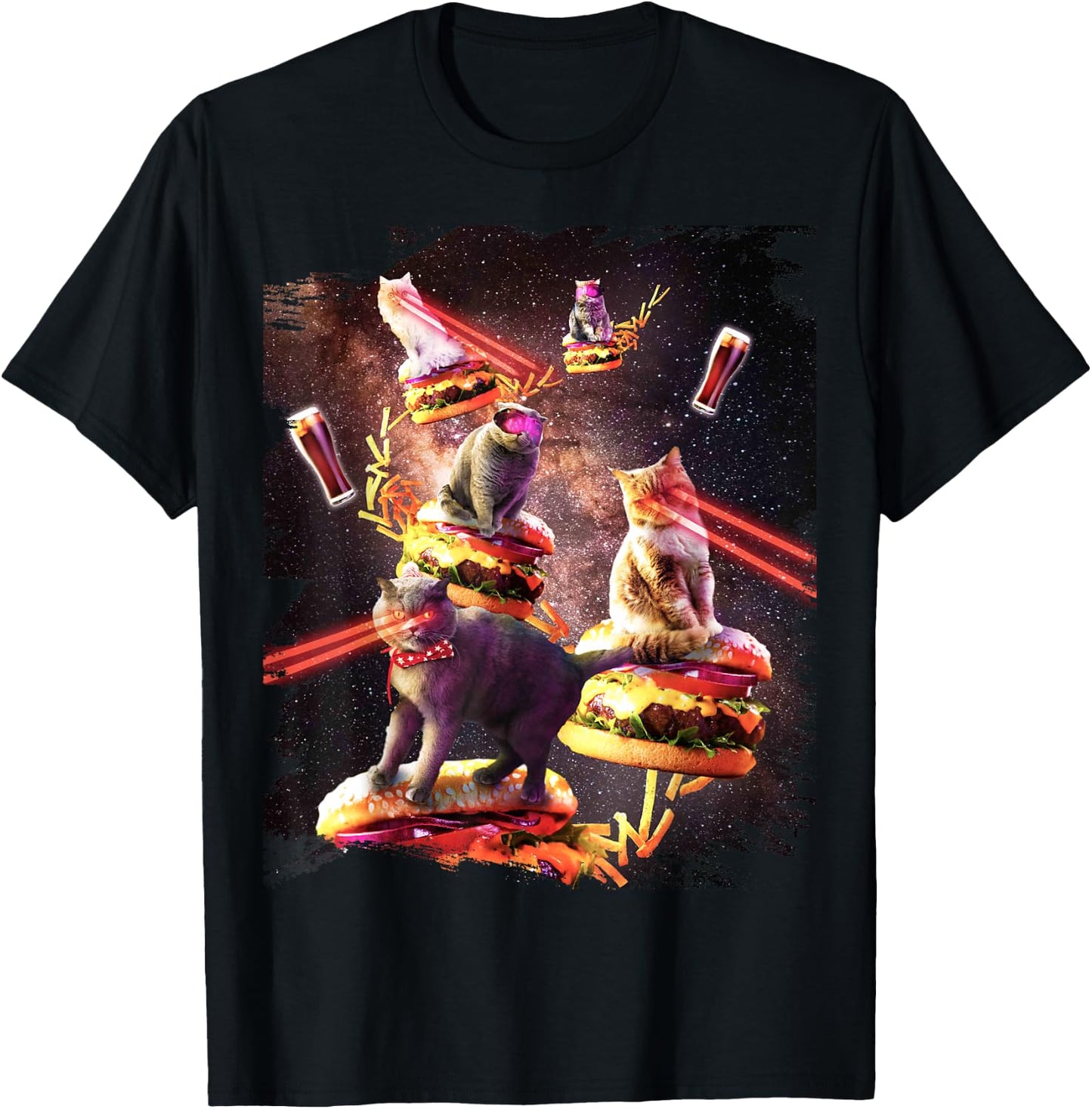 Galaxy Laser Cat On Burger - Space Cheeseburger Cats T-Shirt - T-Shirt | Black