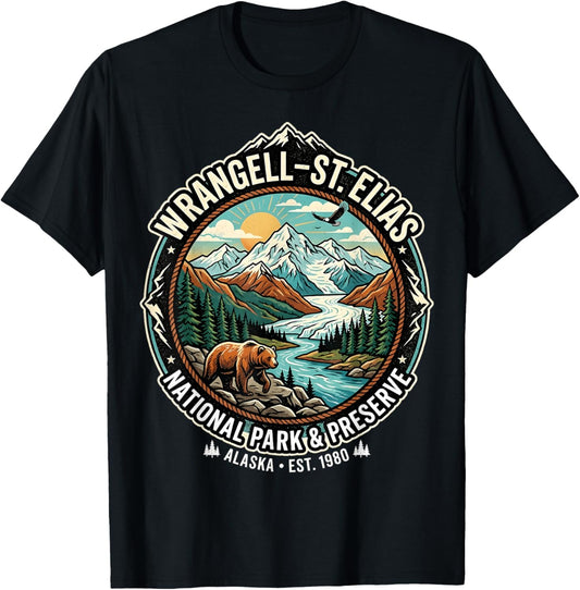 Wrangell-St Elias National Park Alaska Retro Grizzly Emblem T-Shirt - T-Shirt | Black