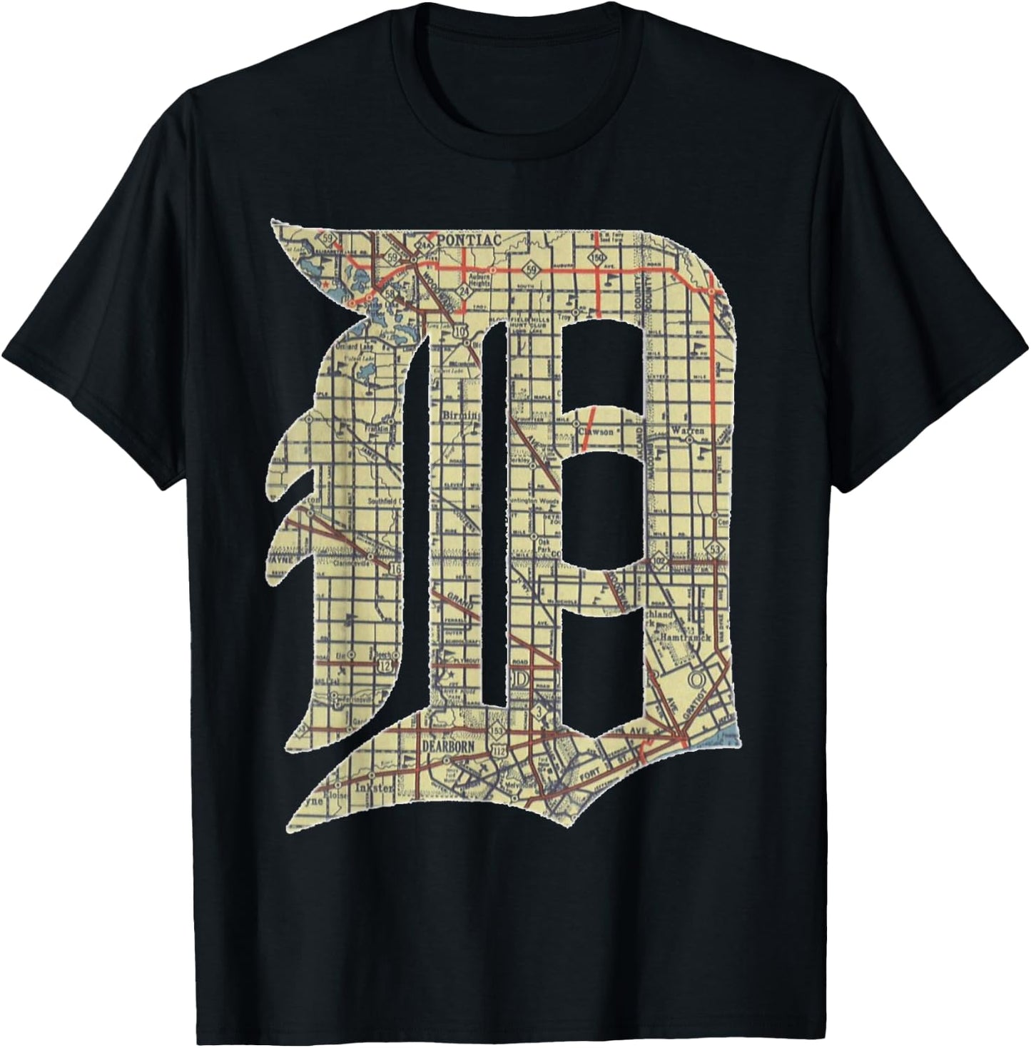 Detroit City Map Old English D T-Shirt - T-Shirt | Black