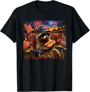 4Th of July Raccoon Drinking Funny Bad Day to Be A Hot Dog T-Shirt - T-Shirt | Black