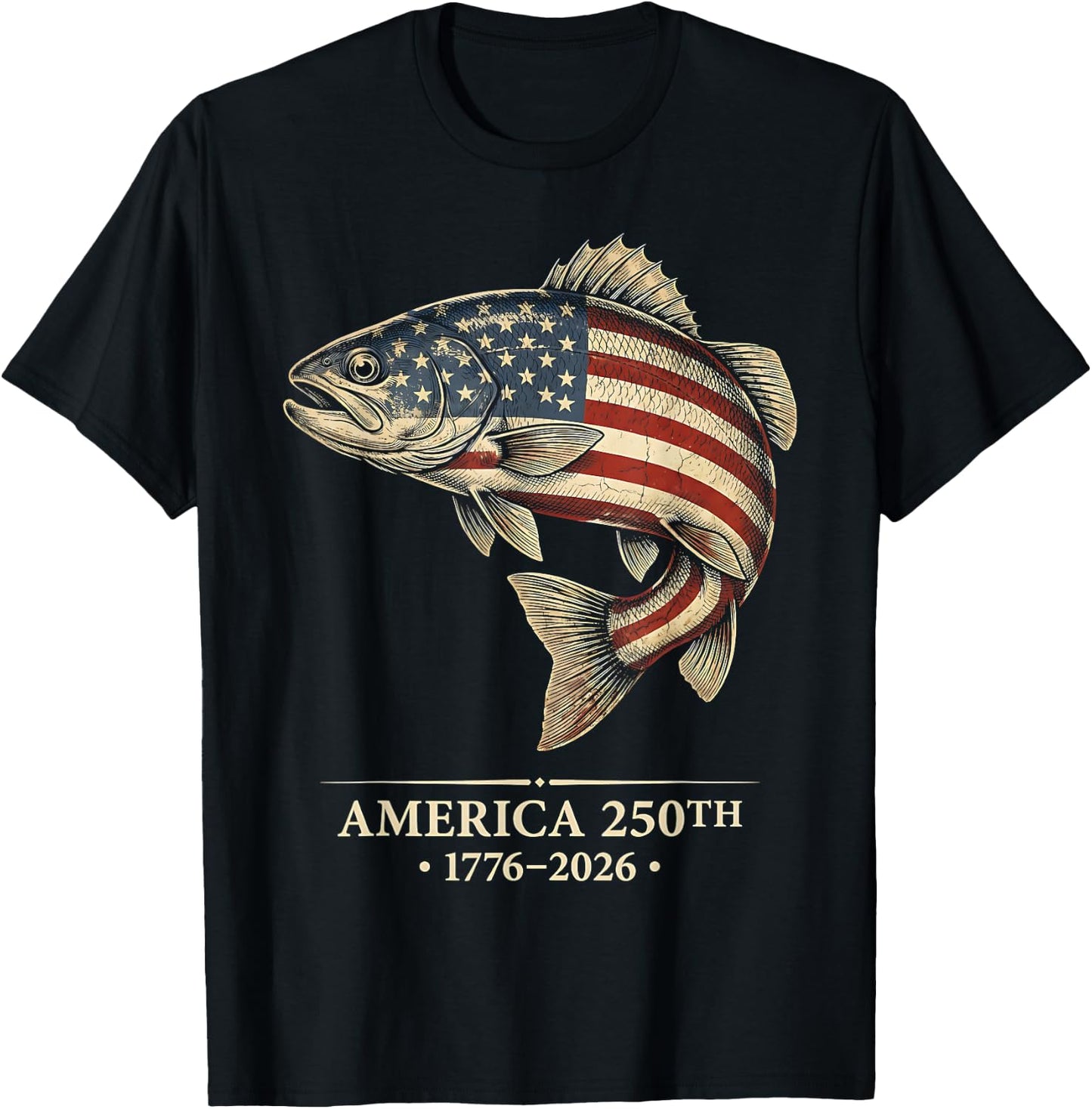 250 America Years 1776 2026 Fishing USA Flag 250th Birthday T-Shirt - T-Shirt | Black