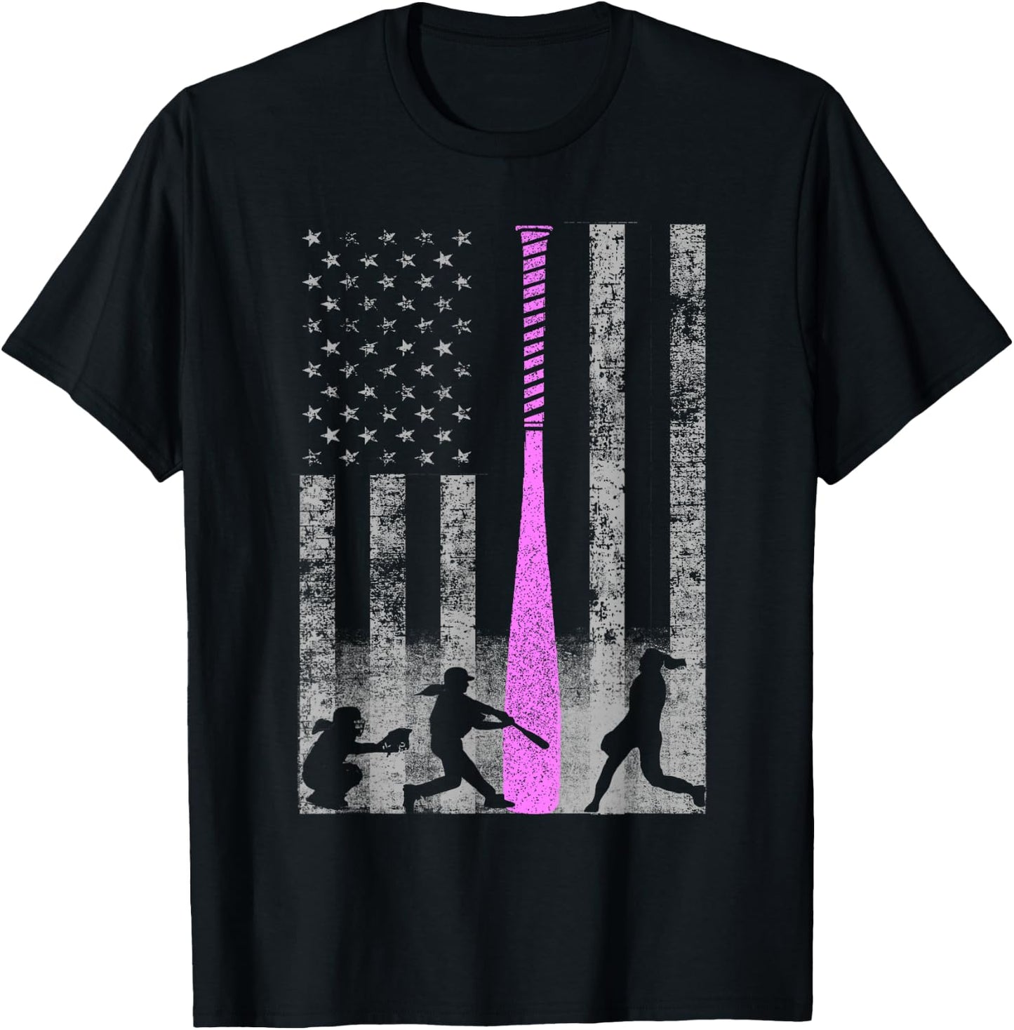American Softball Flag - Players and Pink Bat T-Shirt - T-Shirt | Black