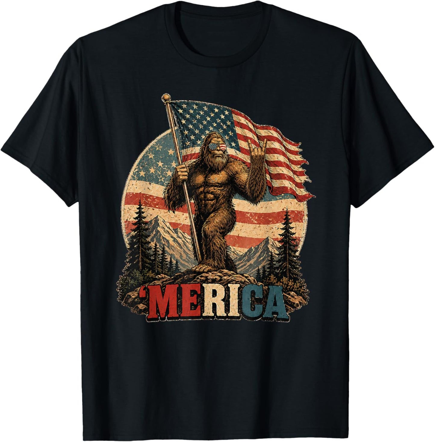 Bigfoot Merica Rock 250th American Flag Patriotic 4th July T-Shirt - T-Shirt | Black