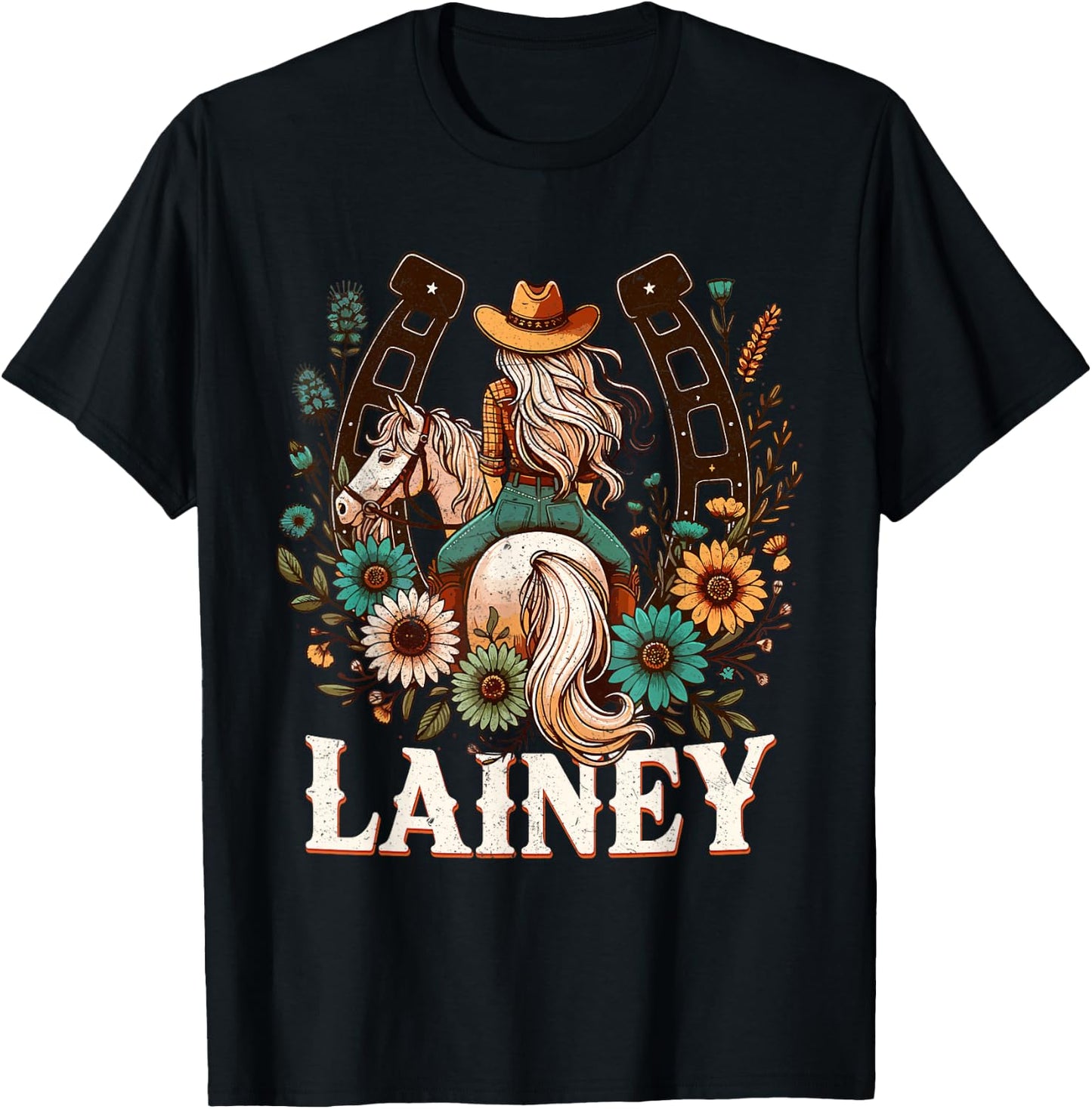 Lainey Name Girl Personalized Name Cowgirl T-Shirt - T-Shirt | Black
