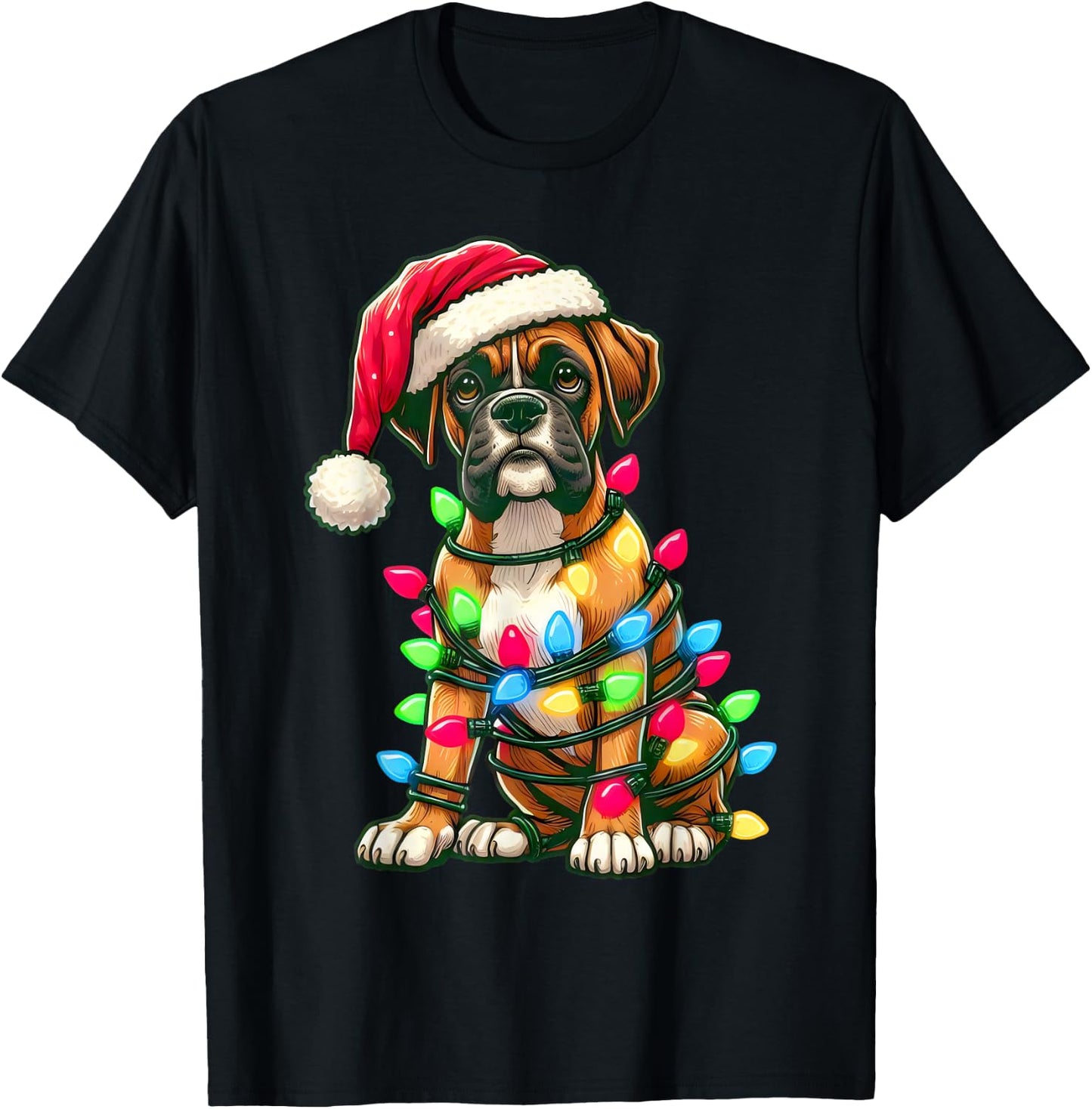Merry Christmas Boxer Santa Christmas Lights Dog Xmas Tree T-Shirt - T-Shirt | Black