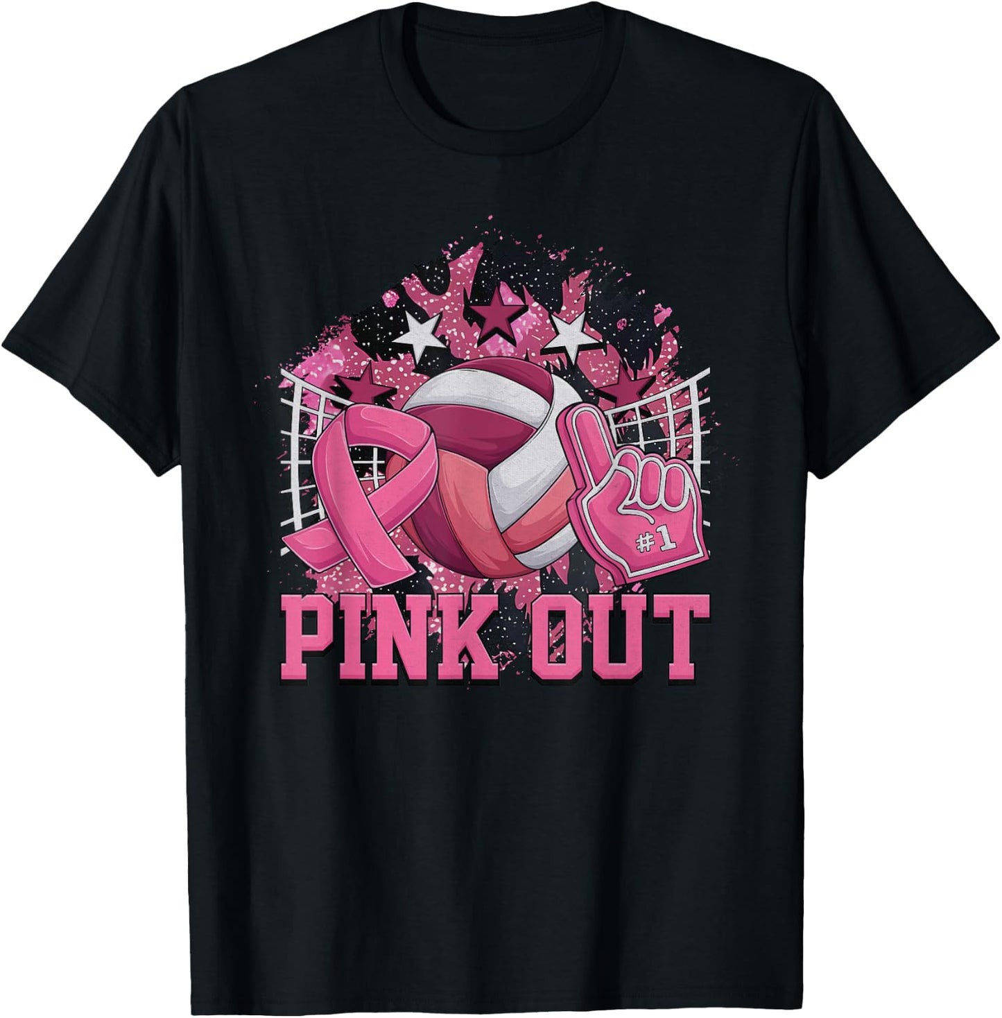 Pink Out Volleyball Pink Ribbon Breast Cancer Awareness T-Shirt - T-Shirt | Black