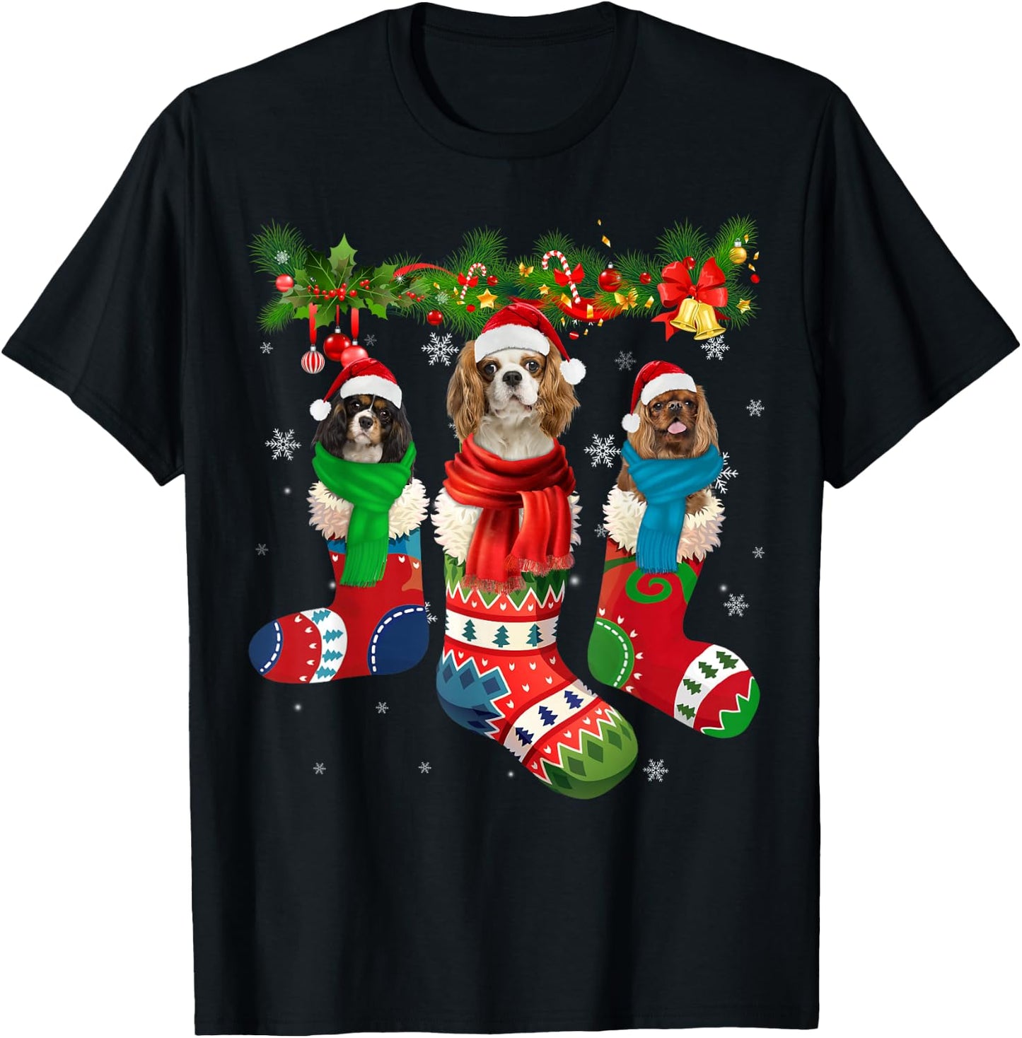 Three Cavalier King Charles Spaniel In Christmas Sock T-Shirt - T-Shirt | Black