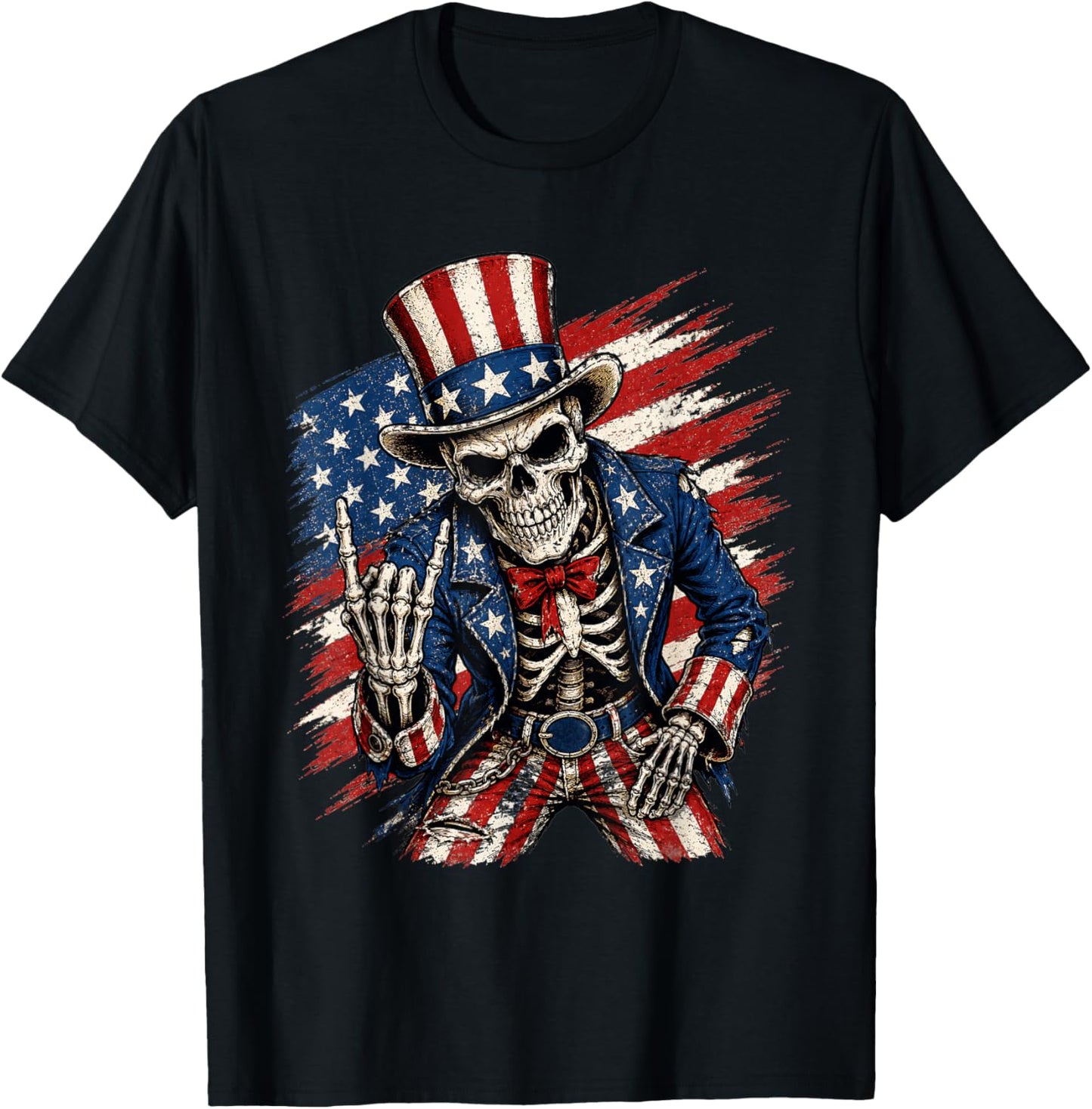 Patriotic Skeleton 4th of July Rock Hand USA American Flag T-Shirt - T-Shirt | Black