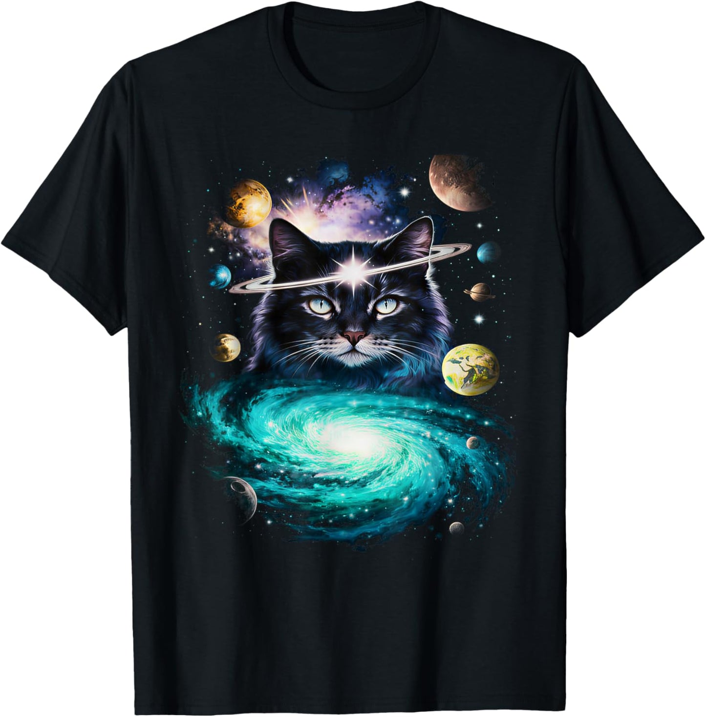 Funny Space Cat Lover Galaxy Cat Dad Mom Teens Kids Women T-Shirt - T-Shirt | Black