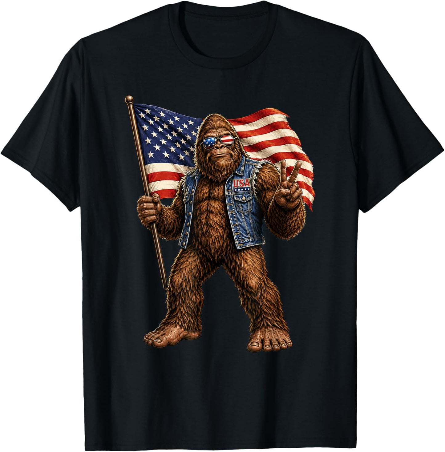 Bigfoot American Flag Sasquatch USA Patriotic Peace Sign T-Shirt - T-Shirt | Black