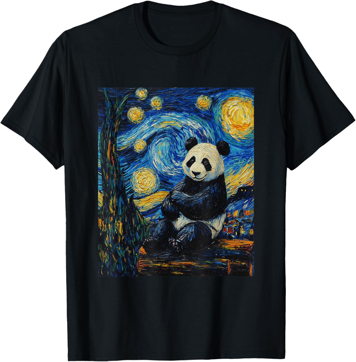 Cute Panda Bear Van Gogh Style Starry Night Graphic T-Shirt - T-Shirt | Black