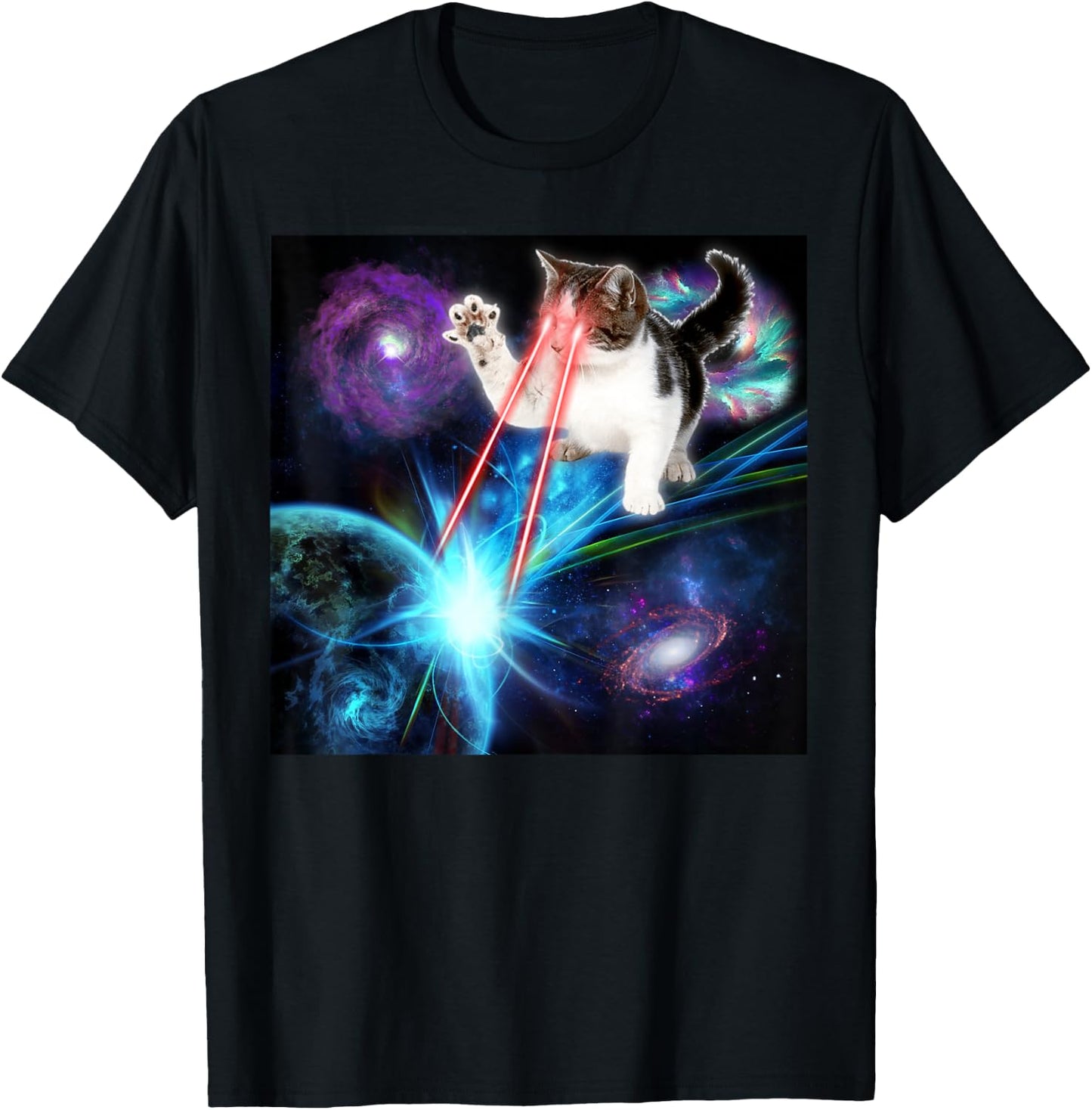 Funny Laser Cat Cute Space Cat Laser Eyes Kitten T-Shirt - T-Shirt | Black