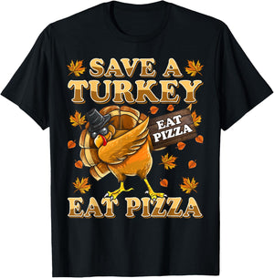 Save A Turkey Eat Pizza Shirt Thanksgiving Kids Adult Vegan T-Shirt - T-Shirt | Black