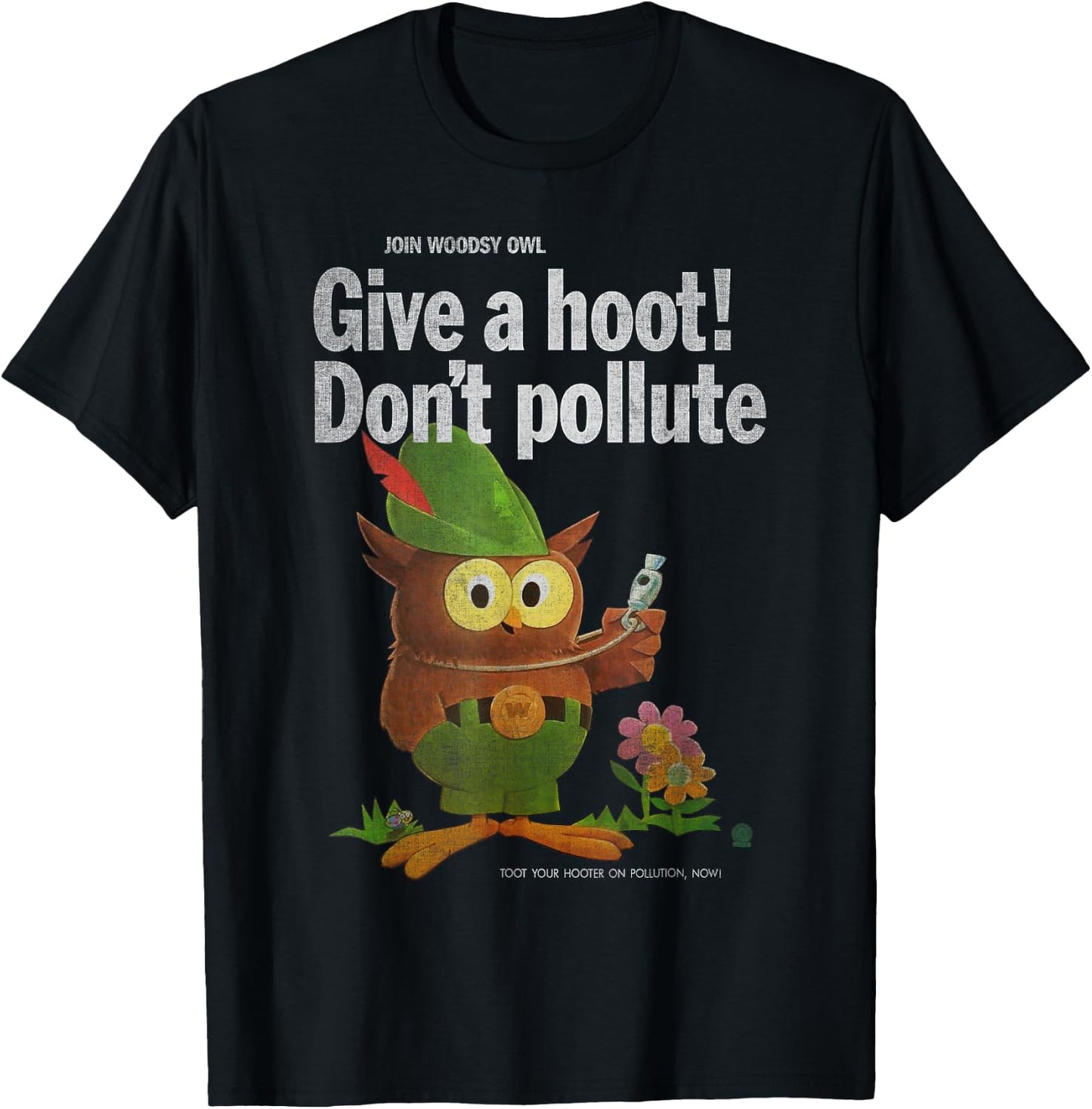 Vintage Shirts by Sven & Angus Woodsy Owl Give a Hoot 70s Distressed and Faded Black Adult Men's Classic Fit Short Sleeve T-Shirt - T-Shirt | Black