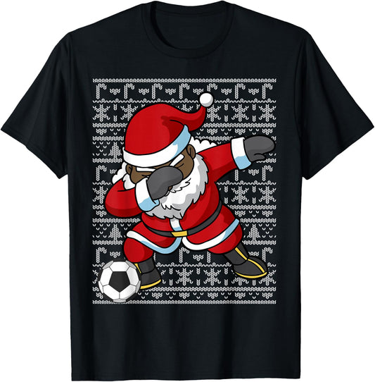 Black African American Santa Claus Soccer Ugly Christmas T-Shirt - T-Shirt | Black