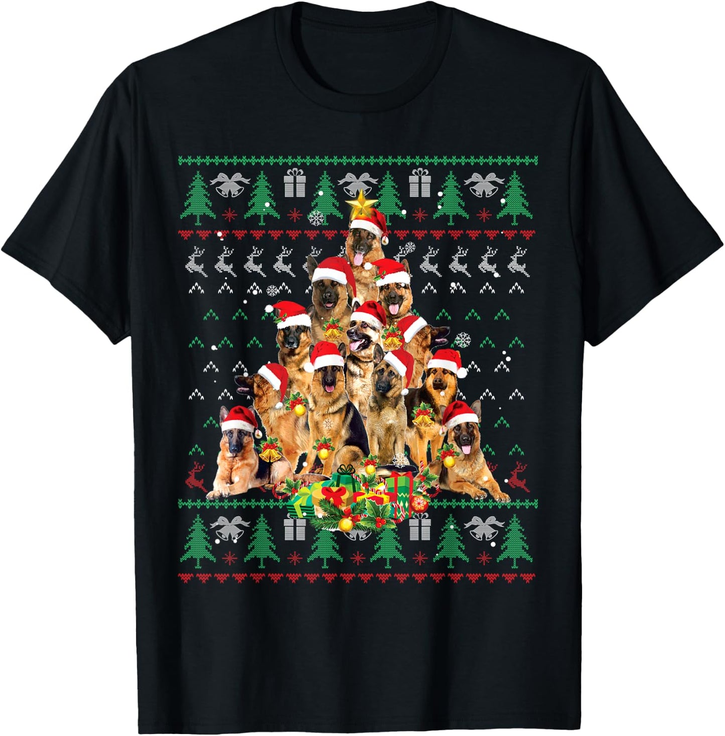German Shepherd Christmas Tree Ugly Sweater Dog Xmas T-Shirt - T-Shirt | Black