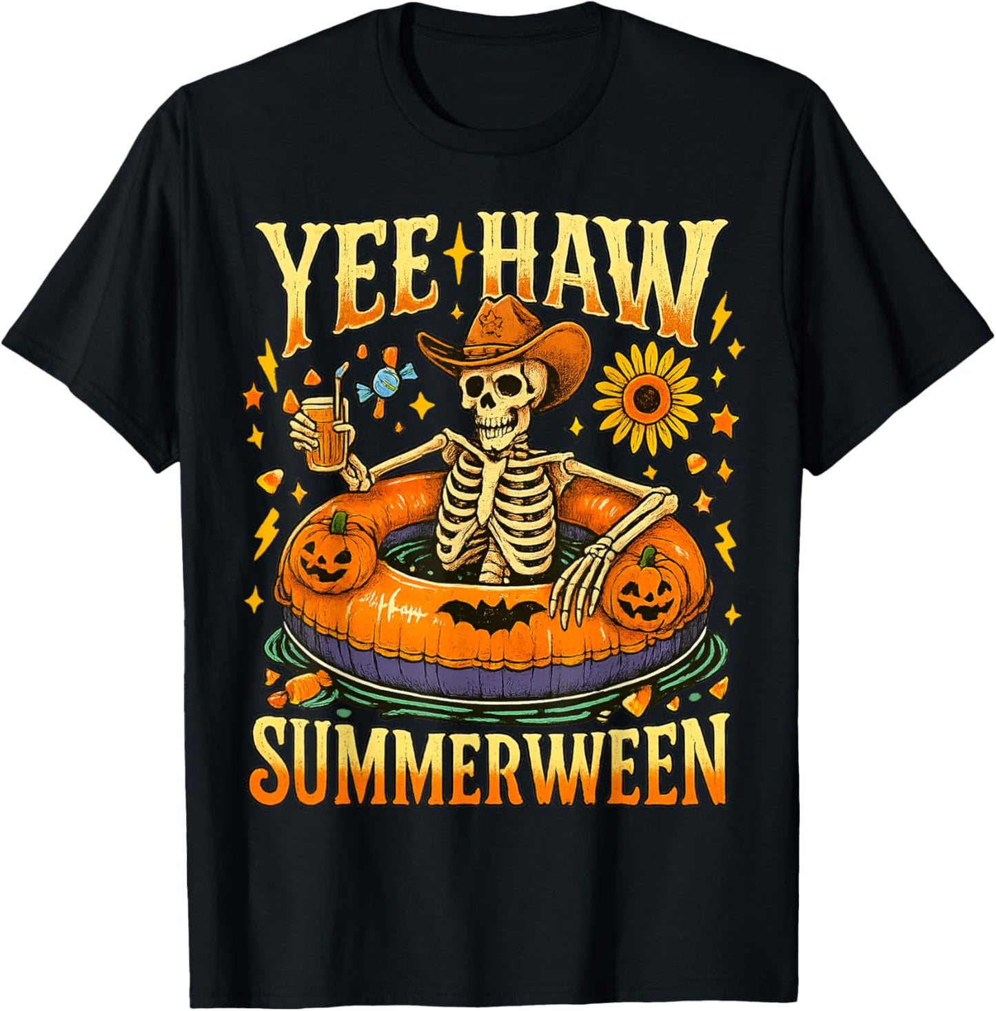 Yee Haw Summerween Cowboy Skeleton Western Halloween T-Shirt - T-Shirt | Black