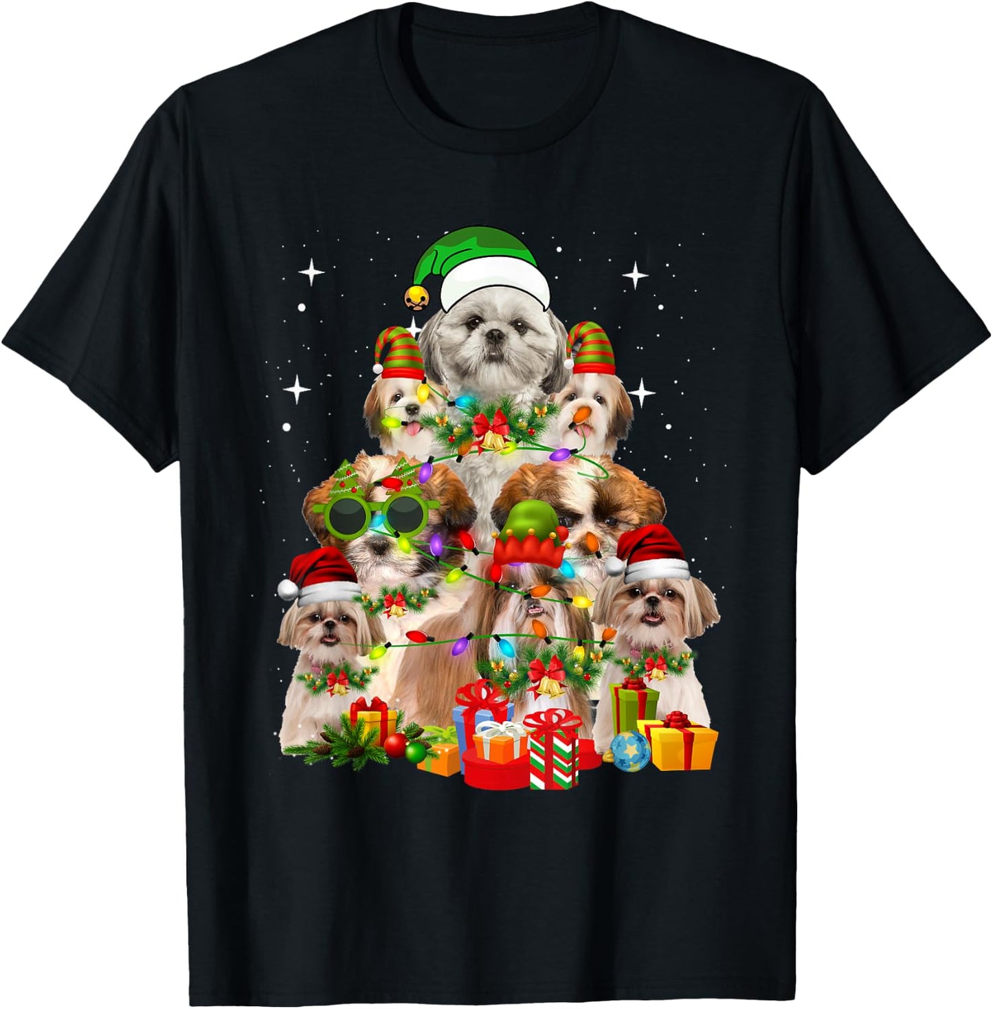 Shih Tzu Santa Hat Christmas Tree Lights Dog Holiday Costume Men Women Kids T-Shirt - T-Shirt | Black
