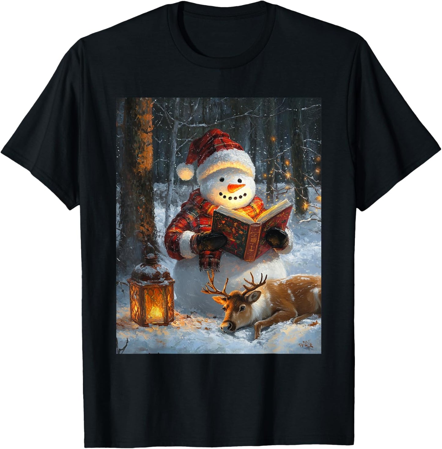 Christmas Deer Girls Boys Kids Christmas Snowman Reads Book T-Shirt - T-Shirt | Black