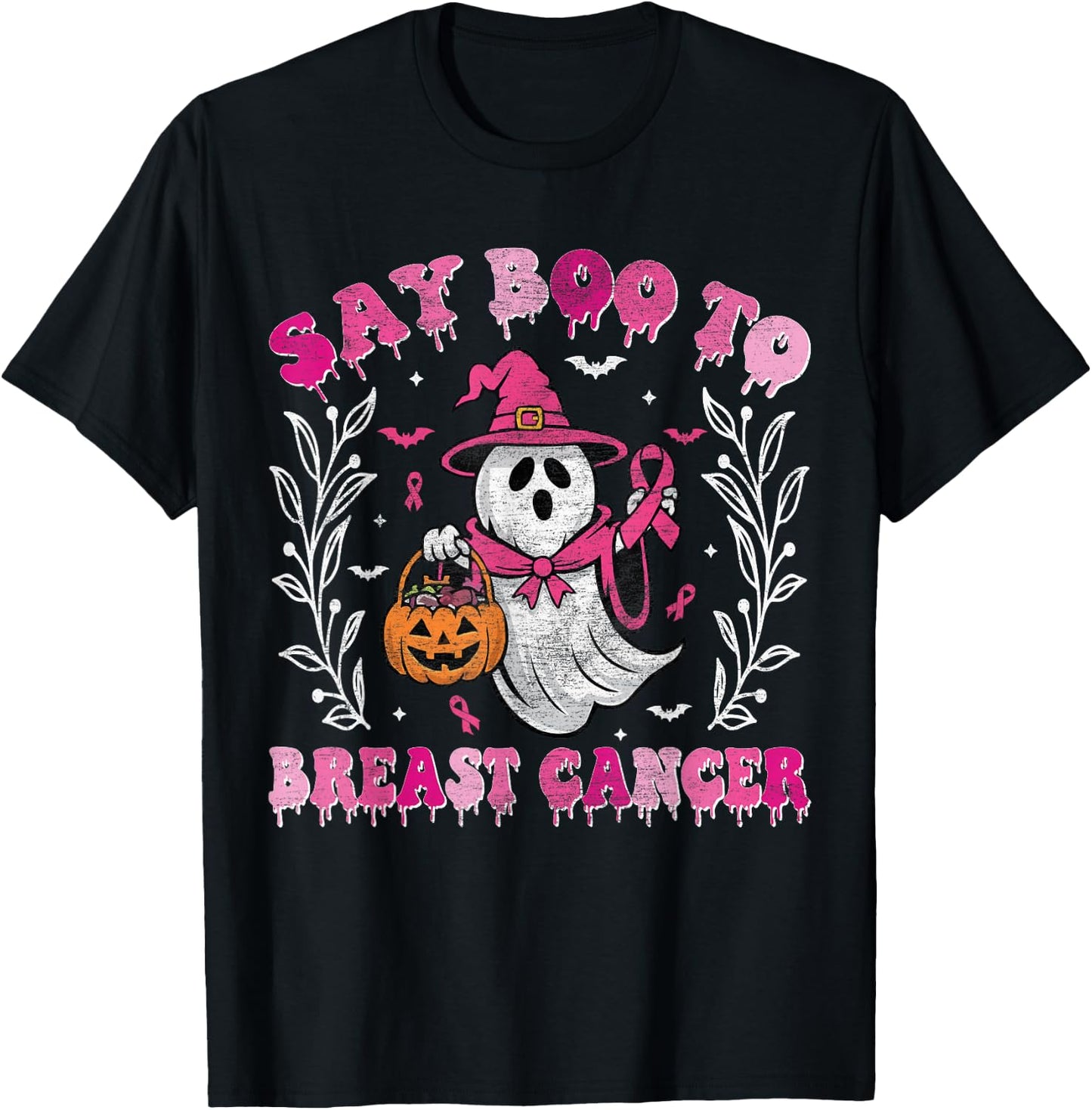 Say Boo to Breast Cancer Halloween Ghost Witch Breast Cancer T-Shirt - T-Shirt | Black
