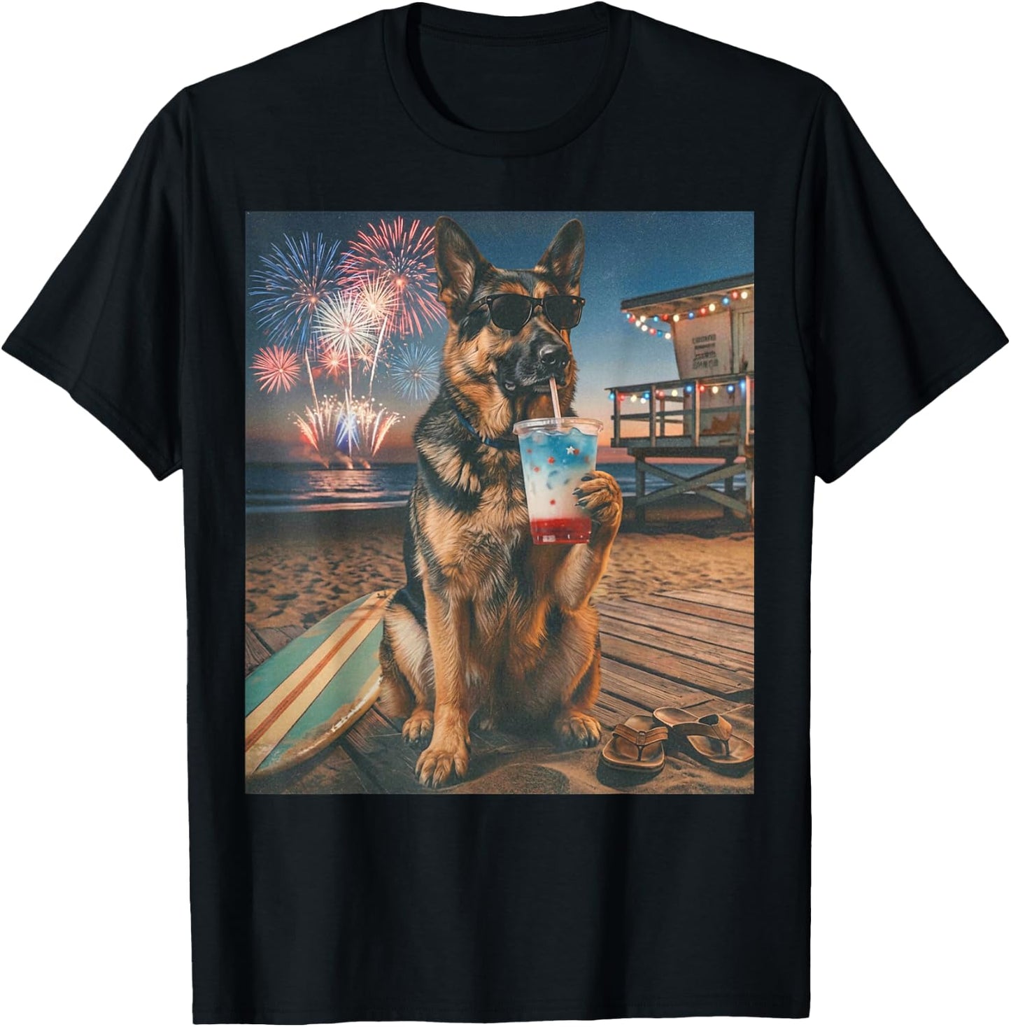 Funny German Shepherd Patriotic Beach Fireworks Dog Art T-Shirt - T-Shirt | Black