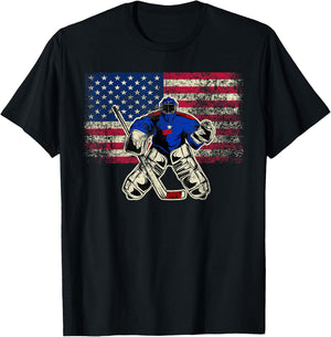 Vintage Ice Hockey Goalie USA Flag Gift Goalie T-Shirt - T-Shirt | Black