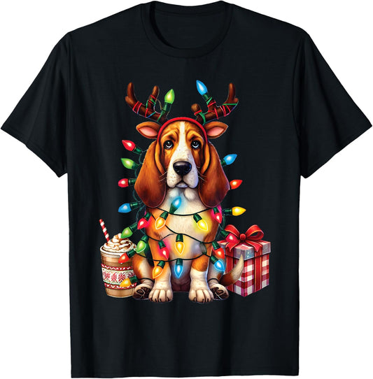 Pet Animal Basset Hound Dog Lover Reindeer Christmas Light T-Shirt - T-Shirt | Black