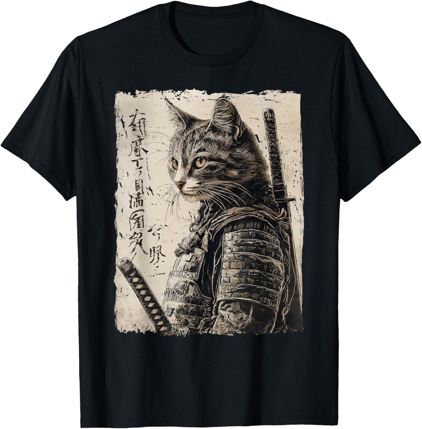 Samurai Cat Warrior Japanese Ukiyo-e Artwork Cat Samurai T-Shirt - T-Shirt | Black