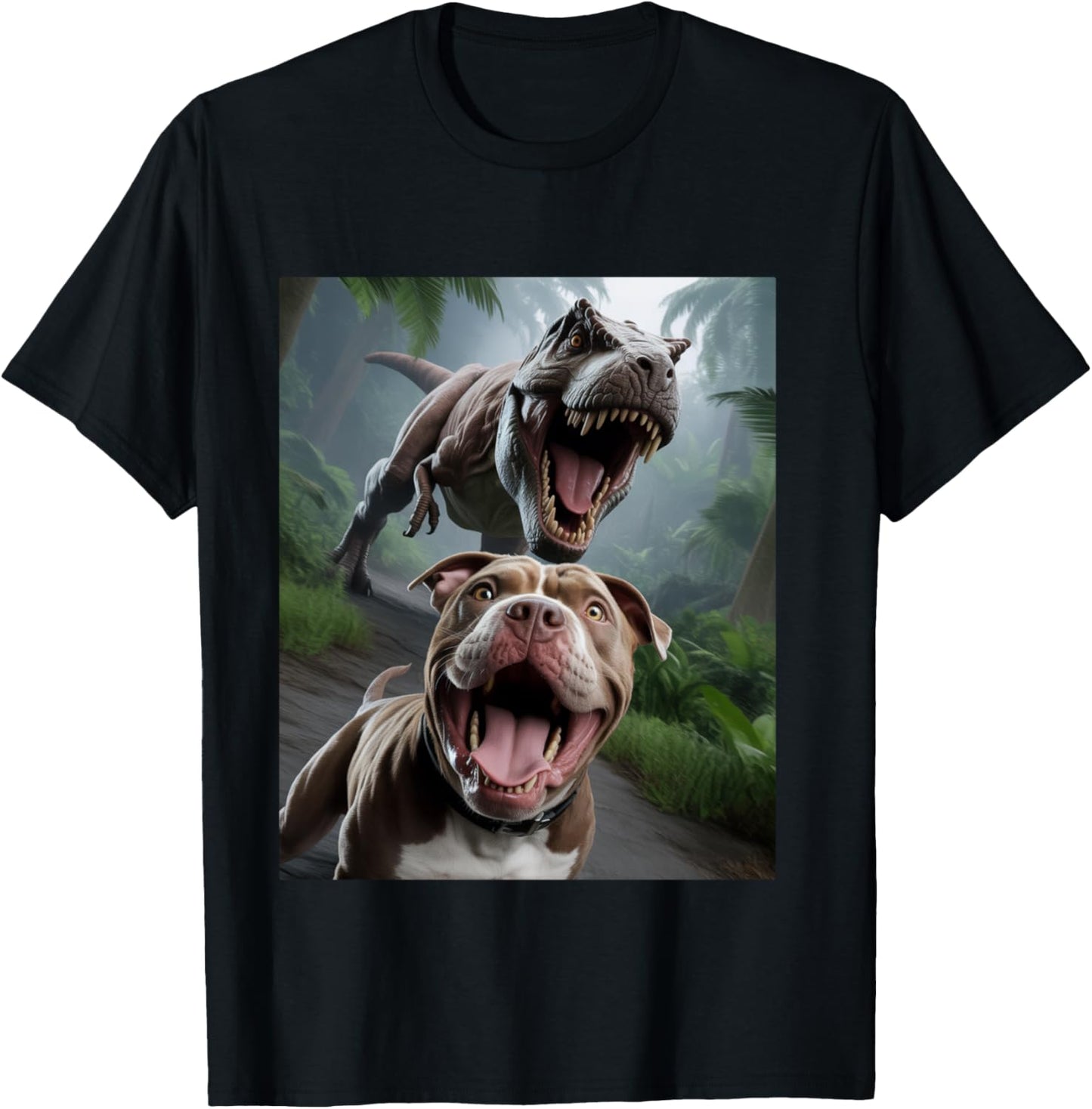 Funny Pitbull Dog Selfie with T-Rex T-Shirt - T-Shirt | Black