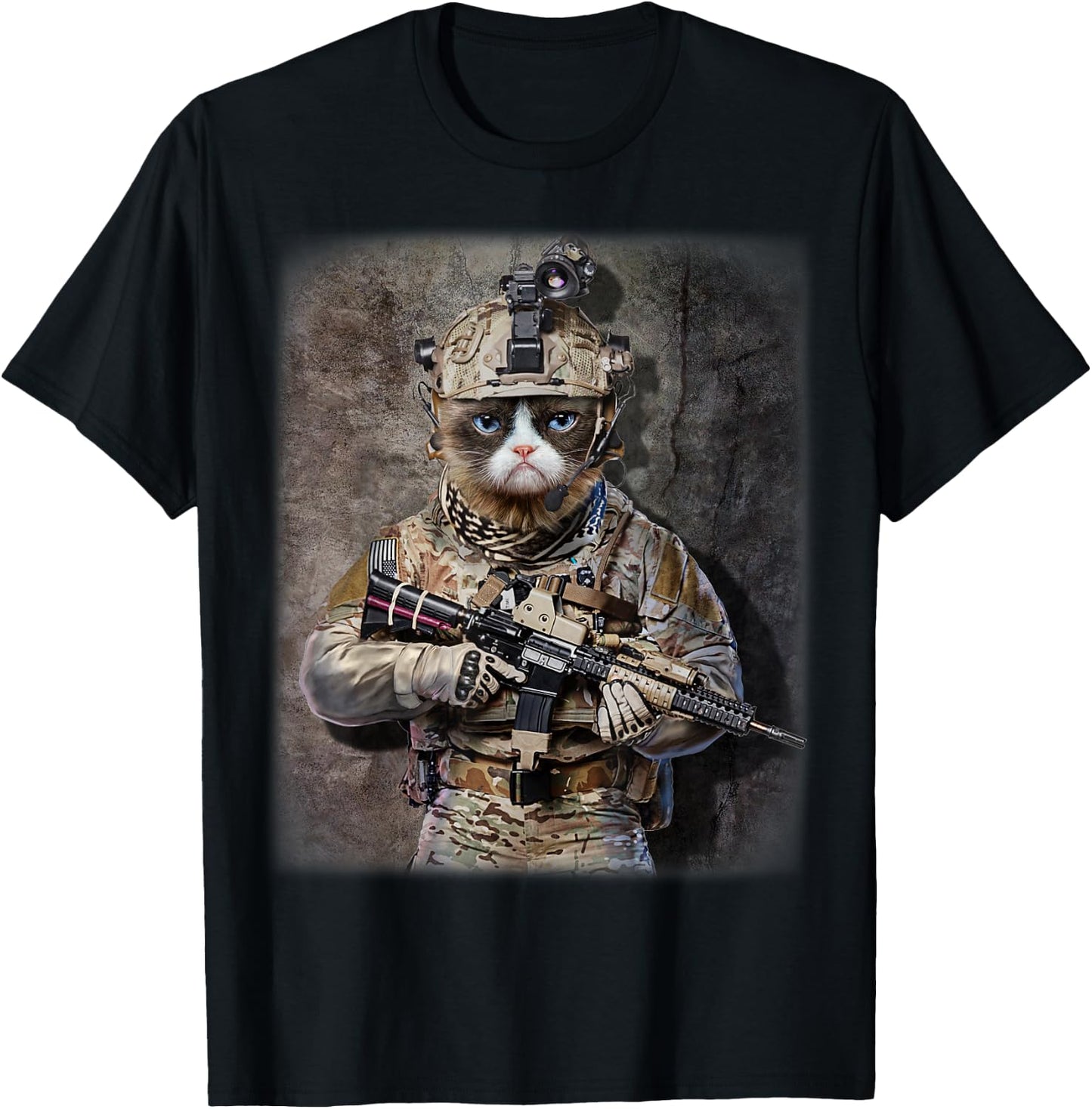 Disgruntle Cat as Army Commando in Full Tactical T-Shirt - T-Shirt | Black