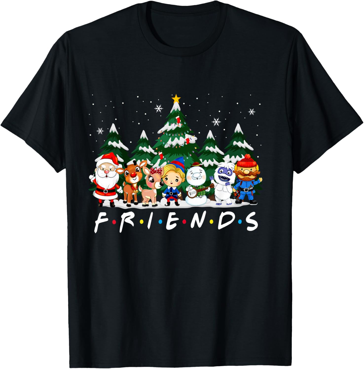 Friends Christmas Santa Rudolph Snowman Family Pajama Xmas T-Shirt - T-Shirt | Black