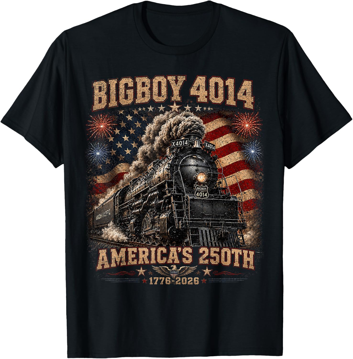 250th Anniversary USA Big Boy 4014 Train Vintage US Flag T-Shirt - T-Shirt | Black