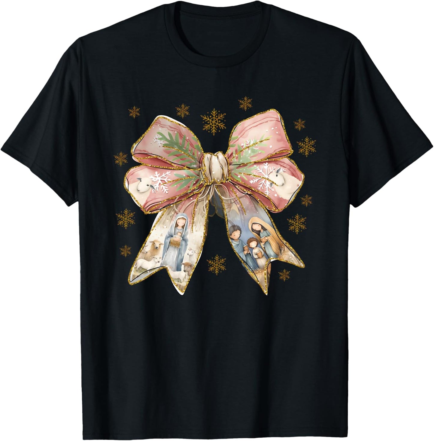 Jesus Christmas Coquette Bow Nativity Bible Verse Christian T-Shirt - T-Shirt | Black