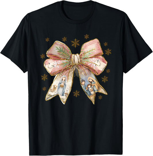 Jesus Christmas Coquette Bow Nativity Bible Verse Christian T-Shirt - T-Shirt | Black