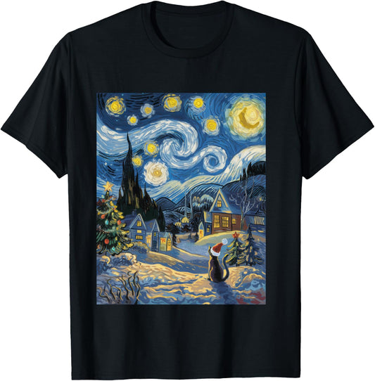Starry Night Festive Christmas Cat Santa Winter Xmas T-Shirt - T-Shirt | Black