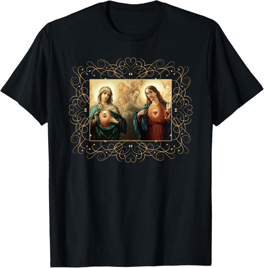 Heart of Jesus and Immaculate Heart Picture Jesus and Mary T-Shirt - T-Shirt | Black