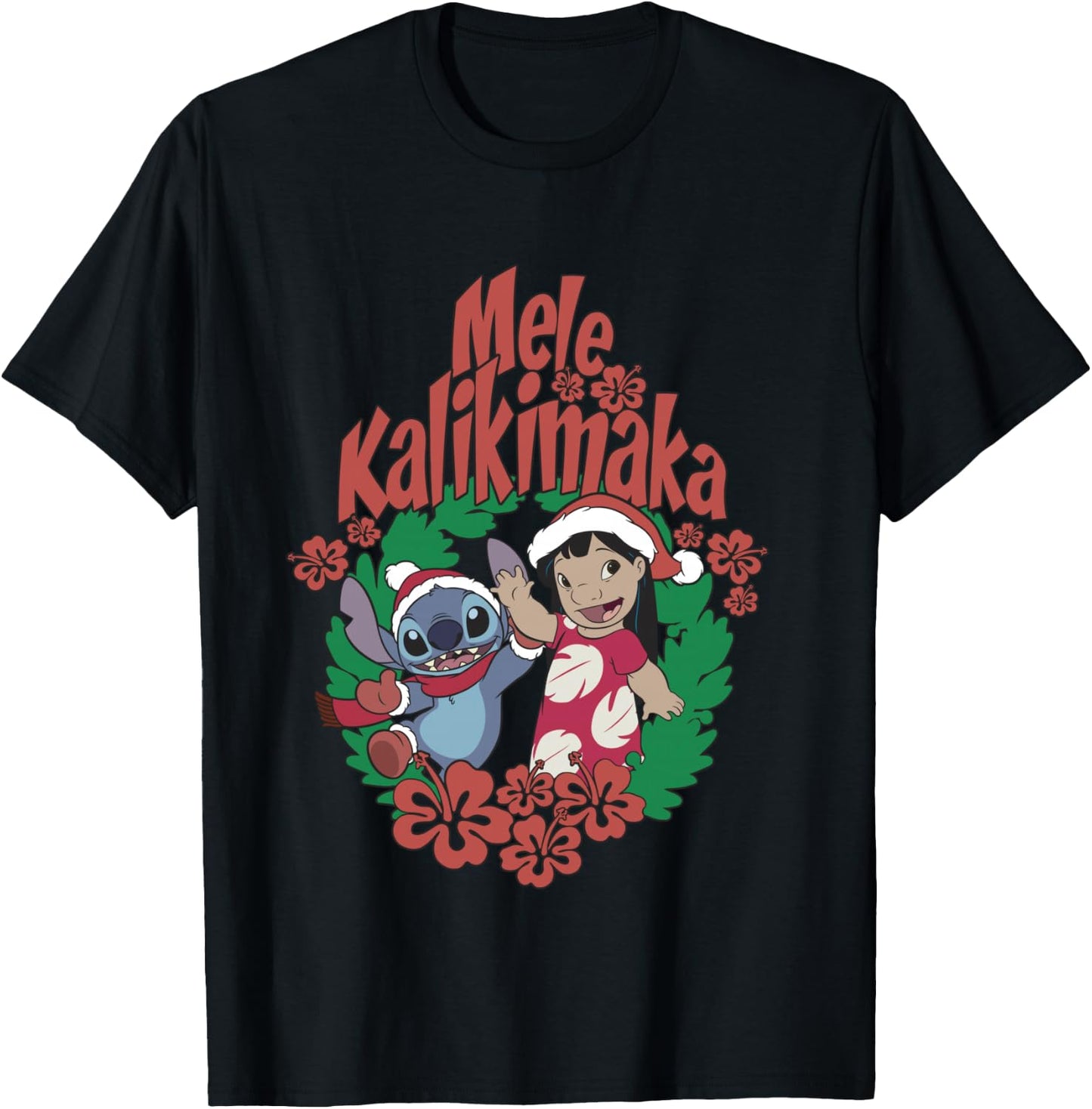 Disney Lilo & Stitch Christmas Mele Kalikimaka Wreath T-Shirt - T-Shirt | Black